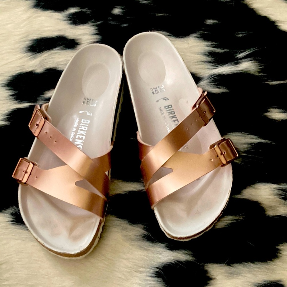 Birkenstock rose gold metallic sandals